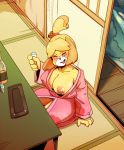  1girl 1girl 2021 animal_crossing anthro big_breasts blush box_chan breasts canid canine canis closed_eyes clothed clothing domestic_dog drunk furry high-angle_view high_res isabelle_(animal_crossing) kneel mammal nightgown nintendo nipples one_breast_out partially_clothed shih_tzu short_stack substance_intoxication toy_dog video_games yellow_body 