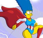  1girl artist_name blue_hair bodysuit breasts cape cleavage davidsanchan hips knee_high_boots legs leotard marge_simpson milf necklace non-nude outside revealing_clothes sexy slut standing the_simpsons thick_thighs tight_clothes yellow_skin 
