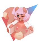  1girl 1girl anthro areola big_breasts blush breasts clothed clothing furry higgyy looking_at_viewer mammal nipples one_eye_closed open_shirt rodent smile squirrel wink 
