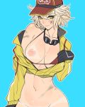 1girl ban baseball_cap belly big_breasts bikini bikini_aside bikini_tan bikini_top black_gloves blonde blue_background blush bottomless breasts cap cidney cleavage covered_breasts cropped_jacket curvaceous dark_skin dirty dirty_face erect_nipples erect_nipples_under_clothes female female_only final_fantasy final_fantasy_xv gloves goggles goggles_around_neck green_eyes hat high_resolution hips jacket looking_at_viewer navel nipples no_panties nude off_shoulder open_clothes open_jacket out-of-frame_censoring short_hair simple_background slender_waist smile solo_female swimsuit swimsuit_aside swimsuit_under_clothes tan_line tanned undressing unzipped upper_body yellow_eyes