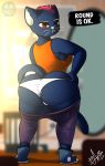 1girl anthro ass big_ass black_fur breasts cat clothed clothing dialogue english_text feline frimbobbar fur furry hand_on_hip huge_ass looking_back mae_(nitw) mammal night_in_the_woods orange_eyes panties pants_down partially_clothed pink_hair sideboob speech_bubble text underwear wide_hips