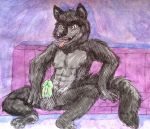 black_fur erection green_eyes green_penis horny looking_at_viewer tongue_out wolf
