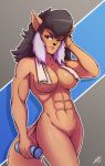  1girl 1girl 2017 abs anthro big_breasts black_hair breasts cat clothing convenient_censorship dotted_background felina_feral feline furry grey_eyes hair hand_on_head inner_ear_fluff looking_at_viewer mammal multicolored_hair muscular muscular_female navel nude pattern_background portrait raised_arm secretly_saucy shorts simple_background swat_kats sweat three-quarter_portrait towel two_tone_hair 