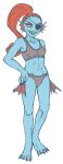 1girl 2d 2d_(artwork) abs anthro anthro_only bikini blue_body blue_skin eye_patch eyepatch female_only fins fish long_hair muscular muscular_female red_hair sharp_teeth smile solo_anthro solo_female undertale undertale_(series) undyne unknown_artist video_games white_background yellow_sclera yellow_teeth