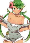  1girl areolae bare_shoulders breasts dark_skin flower green_eyes green_hair hair_flower hair_ornament long_hair mallow mallow_(pokemon) mao_(pokemon) medium_breasts nail_polish pokemon pokemon_(game) pokemon_sm simple_background solo spats_sansei twintails white_background 
