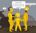  1_female 1_girl 2_boys 2_males 3_humans bart_simpson blue_hair breasts cum cum_on_face cumshot english_text erection evilweazel_(artist) female female_human hair hairless_pussy handjob human human/human human_only kneeling lisa_simpson male male/female male_human mfm milhouse_van_houten multiple_boys multiple_humans nipples nude outdoors penis pussy sex speech_bubble standing testicles text the_simpsons threesome 