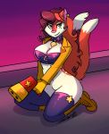 1girl 2017 anthro big_breasts boots bottomless breasts carmelita_fox cleavage clothed clothing collar combatraccoon cosplay ear_piercing english_text feline footwear fur furry green_eyes gun hair legwear lilith_(azria) long_hair looking_at_viewer mammal mole_(marking) multi_tail navel piercing purple_background pussy raised_tail ranged_weapon red_fur red_hair signature simple_background sly_cooper_(series) smile stripes tan_fur text video_games weapon