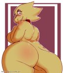 1girl alphys anthro anthro_only areola arnachy ass blush breasts dinosaur everydaysins eyelashes eyewear female_only furry geeflakes glasses looking_at_viewer looking_back monster nipples nude nude_anthro nude_female scalie sideboob smile teeth undertale undertale_(series) video_games yellow_body yellow_skin