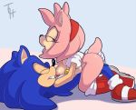  1girl 2017 amy_rose anthro ass black_nose boots breasts butt_grab closed_eyes clothing duo footwear furry gloves hair hand_on_butt headband hedgehog hugging lying male male/female mammal mostly_nude nipples nude on_back open_mouth pink_hair sega sex short_hair signature sonic_(series) sonic_the_hedgehog sonic_the_hedgehog_(series) teeth the_other_half tongue video_games 
