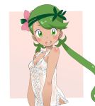  1girl :d bangs bare_shoulders blush breasts cleavage collarbone dark_skin flower flower_on_head green_eyes green_hair hair_flower hair_ornament looking_at_viewer mallow nightgown ookamiuo open_mouth pokemon pokemon_(game) pokemon_sm round_teeth simple_background small_breasts smile solo swept_bangs teeth trial_captain twintails upper_body white_background 