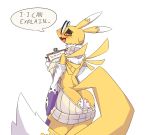 1_anthro 1_female 1girl anthro anthro_only ass blush clothed data_(wouhlven) detached_sleeves dialogue digimon english_text eyewear fan_character female_anthro female_renamon fox fur furry glasses green_eyes looking_at_viewer looking_back no_bra no_panties no_underwear open_mouth renamon simple_background standing text toei_animation tongue virgin_killer_sweater white_background white_fur wouhlven yellow_fur