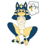  1girl 2017 animal_crossing ankha ankha_(animal_crossing) anthro bandage barefoot blush bottomless breasts cat clothed clothing digital_media_(artwork) egyptian exhibitionism eyebrows eyelashes feline fur furry gloves hands_behind_head heart innuendo legwear loincloth looking_at_viewer m0n1e mammal nintendo pose presenting presenting_crotch simple_background stockings striped_hair striped_tail stripes teasing video_games yellow_fur 