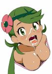  breasts cleavage cum cum_in_mouth cum_on_face green_hair mallow_(pokemon) mao_(pokemon) pokemon pokemon_sm smile tamagoroo_(funifuni_labo) twitter uvula 