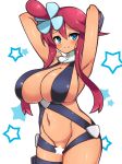  1girl armpits arms_behind_head arms_up blue_eyes blush breasts censored chro_(rulurullu) fuuro_(pokemon) groin hair_ornament huge_breasts long_hair looking_at_viewer naked_suspenders navel pokemon pokemon_(game) pokemon_bw red_hair sidelocks skyla smile solo star star_censor suspenders 