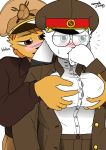 1girl 2017 anthro bill_leo breasts cherry_karnickel clothed clothing colored duo eyewear feline front_view fur furry glasses hair kenneth_j_wing lion male male/female mammal military original russian simple_background soviet_union standing text uniform united_states_of_america white_fur