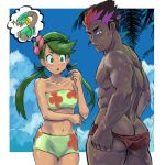 1boy 1girl abs arms_at_sides ass back bare_back bikini black_hair blue_sky blush butt_crack chest cloud collarbone constricted_pupils cowboy_shot creatures_(company) dark-skinned_female dark-skinned_male dark_nipples dark_skin day eyebrows floral_print flower from_behind frown game_freak green_bikini green_eyes green_hair green_swimsuit hair_flower hair_ornament hand_up humans_of_pokemon kaki_(pokemon) kiawe long_hair looking_at_another looking_back looking_down low_twintails male_swimwear mallow_(pokemon) mao_(pokemon) multicolored_hair muscle navel nintendo nipples open_mouth outdoors palm_tree pokemon pokemon_(anime) pokemon_(creature) pokemon_(game) pokemon_sm pokemon_sun_&amp;_moon ponytail red_hair short_hair sky slit_pupils sparkle stomach strapless strapless_bikini strapless_swimsuit sweat swim_briefs swimsuit swimwear thought_bubble tofu_(pixiv10770344) topless tree trial_captain triangle_mouth tropius tubetop twin_tails two-tone_hair undersized_clothes 