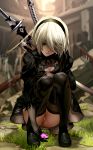 1girl as109 bangs blindfold breasts cleavage_cutout closed_eyes daisy_(flower) flower full_body grass hairband halo headband high_res mole mole_under_mouth nier nier:_automata nier_(series) panties pantyshot pantyshot_(squatting) puffy_sleeves ruins short_hair silver_hair small_breasts squatting stockings stone sword underwear upskirt weapon white_panties yorha_no._2_type_b