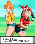  1boy 2_girls 2girls ash_ketchum ass ass-to-ass ass_to_ass between_ass big_ass big_breasts breasts crush crushed english_text haruka_(pokemon) kasumi_(pokemon) looking_at_another looking_back looking_down medium_breasts multiple_girls pokemon pokemon_(anime) pokemon_(game) satoshi_(pokemon) satoshi_(pokemon)_(classic) sideboob size_difference smirk struggle struggling teamwork text v 