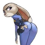 1girl 1girl anthro ass belt clothed clothing disney fur furry grey_fur happy judy_hopps lagomorph looking_back mammal naughty_face pants police_badge police_uniform rabbit raised_tail smile suggestive teasing uniform unknown_artist zootopia 