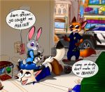 1girl 2017 anthro ass blush canine clothed clothing cream.pup dialogue disney dog duo english_text fox fur furry judy_hopps lagomorph looking_back male mammal nick_wilde open_mouth pawpads paws rabbit rear_view smile standing teeth text toes tongue zootopia