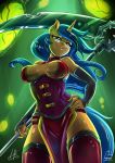  1girl 1girl 2017 anthro anthrofied armwear blue_hair breasts cleavage clothed clothing elbow_gloves equine eyewear fan_character fangs furry glasses gloves hair high_res horn horse light262 looking_at_viewer low-angle_view mammal melee_weapon my_little_pony polearm scythe succubus unicorn weapon worm&#039;s-eye_view 