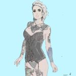 1girl blonde bustier corset ernestventures_(artist) green_eyes non-nude pastel tattoo