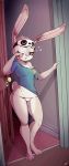  1girl 1girl 2017 anthro areola blush breasts cameltoe clothed clothing digital_media_(artwork) disney doorway english_text eyelashes fur furry gif judy_hopps lagomorph long_ears looking_at_viewer mammal navel nipples nude panties purple_eyes pussy rabbit secretly_saucy shirt signature sleep_mask small_breasts smile standing text tired underwear wide_hips zootopia 
