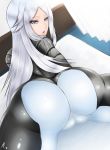  10s 1girl aila_jyrkiainen arched_back ass back bed bodysuit cameltoe from_behind gundam gundam_build_fighters long_hair looking_at_viewer looking_back lying ogura_anko on_bed open_mouth parted_lips shiny shiny_clothes silver_eyes silver_hair skin_tight 