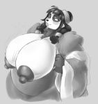  1girl 1girl anthro bear big_breasts blush breasts clothing dofus exposed_breasts furry greyscale hair huge_breasts lips mammal monochrome nipples overweight overweight_female panda pandawa pandawa_queen smile unknown_artist wakfu 