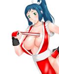  1girl armpits bare_shoulders big_breasts blue_hair breasts cleavage collarbone cosplay fan fatal_fury fingerless_gloves fuckable gloves green_eyes gundam gundam_build_fighters hand_on_hip hips hot insanely_hot iori_rinko japanese_clothes lips long_hair looking_at_viewer mai_shiranui mai_shiranui_(cosplay) mature midriff milf mitsuishi_kotono momi_hoshi_age most_body naughty naughty_face no_bra no_panties ponytail revealing_clothes seductive_smile simple_background smile snk voice_actor_connection white_background 