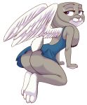  1girl 1girl 2017 :3 akiric anthro ass breasts clothed clothing disney dress feathered_wings feathers feet furry judy_hopps lagomorph leaning leaning_forward looking_back mammal pinup pose purple_eyes rabbit rear_view simple_background smile upskirt white_background wings zootopia 