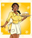 1girl big_breasts breasts disney female_only food looking_at_viewer princess_tiana sonson-sensei the_princess_and_the_frog waitress