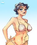 armpits bare_shoulders big_breasts bikini black_hair blue_background blue_eyes blush breasts brown_hair carnet_(pokemon) cleavage diantha erect_nipples exhibitionism female female_only gerph hot human looking_at_viewer midriff navel nintendo open_mouth pokemon pokemon_champion pokemon_xy short_hair sideboob solo standing swimsuit teeth text toned undressing white_background