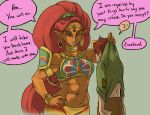  1girl 2017 abs armpits bracelet breasts breath_of_the_wild carrying clothed clothing dark_skin dialogue duo ear_piercing english_text gerudo green_eyes hair hand_on_hip human humanoid jewelry larger_female lipstick long_hair makeup male mammal muscular muscular_female navel neck_ring nintendo not_furry piercing plagueofgripes pointy_ears simple_background size_difference smaller_male text the_legend_of_zelda urbosa video_games 