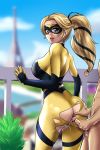  1_boy 1_girl 1boy 1girl anal anal_penetration anal_sex ass blonde blonde_hair blue_eyes bodysuit chloe_bourgeois clothed_female_nude_male female female_human hand_on_ass human long_blonde_hair long_hair looking_at_viewer male male/female mask miraculous_ladybug penis_in_ass ponytail sex standing standing_sex taken_from_behind torn_bodysuit 