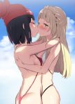  2_girls 2girls ass bangs beanie bikini black_hair blonde blonde_hair blush breasts cloud cloudy_sky commentary_request day daytime flat_ass green_eyes hat highres hug kiss kissing lillie lillie_(pokemon) long_hair looking_at_another micro_bikini moon_(pokemon) moon_(trainer) multiple_girls noripachi pokemon pokemon_(game) pokemon_sm red_bikini red_swimsuit short_hair sky small_breasts swimsuit white_bikini white_swimsuit yuri 