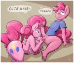  1girl 2017 anthro anthrofied areola big_breasts blue_eyes border bottomless breasts clothed clothing crossgender cutie_mark dialogue duo earth_pony english_text equine feet fondling friendship_is_magic furry hair high_res horse humanoid_penis kissing male male/female mammal my_little_pony nipples penis pink_hair pinkie_pie pony sanders selfcest simple_background spread_legs spreading square_crossover testicle_fondling testicles text white_border 