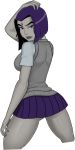 1girl ass big_ass big_breasts breasts dc_comics dcau female female_only grey_skin looking_at_viewer looking_back purple_eyes purple_hair raven_(dc) school_girl school_uniform solo solo_female sunsetriders7 teen_titans