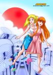 2girls arabatos big_breasts blonde_hair blossom_(ppg) blue_eyes breasts bubbles_(ppg) cartoon_network cleavage dress incest multiple_girls powerpuff_girls red_eyes red_hair siblings sisters smile tied_hair twin_tails yuri