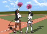  1girl 2017 anthro ass baseball_field black_hair blue_eyes bovine breasts brown_eyes buffalo cheerleader clothed clothing dipstick_ears dipstick_tail duo feline footwear furry hair hand_on_hip legwear long_hair looking_back lynx mammal midriff morningstar_(mojorover) multicolored_tail open_mouth open_smile outside panties pom_poms raised_arm rear_view sailoranna shoes skimpy smile socks standing tail_tuft texas_tilly tuft underwear 