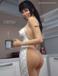  3d apron asian ass big_ass big_breasts black_eyes black_hair breasts dat_ass dreamerofexistence female japanese looking_at_viewer looking_back naked_apron nipples nude solo 