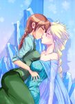  2_girls 2girls anna_(frozen) big_breasts blush braid braided_hair breasts cleavage closed_eyes clothed dress elsa elsa_(frozen) female female/female female_only frozen_(movie) incest kissing long_hair melisaongmiqin nephythis-sorrow royalty sister_and_sister sisters yuri 