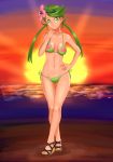  1girl bare_shoulders bikini breasts closed_mouth collarbone dark-skinned_female dark_skin error flower full_body green_bikini green_eyes green_hair green_hairband green_swimsuit hair_flower hair_ornament hairband high_res long_hair looking_at_viewer low_twintails mallow mallow_(pokemon) mao_(pokemon) medium_breasts midriff navel nocunoct pokemon pokemon_(game) pokemon_sm pose posing shiny shiny_skin standing sun sunset swimsuit tied_hair trial_captain twin_tails underboob very_long_hair 