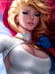  1girl beautiful big_breasts blonde_hair blue_eyes breasts cleavage clothed dc dc_comics looking_at_viewer makeup michellehoefener_(artist) non-nude power_girl smile 