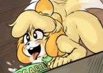  &lt;3 &lt;3_eyes 1girl 2017 animal_crossing anthro black_nose blush bowl canine collar dog eyelashes fluffy_tail food_bowl fur furry hair isabelle_(animal_crossing) mammal mintsheep_(artist) nintendo nude open_mouth raised_tail smile tailwag tongue tongue_out video_games yellow_fur 