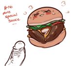  1girl blush burger cum cum_inside dialogue english_text eyelashes food food_creature humanoid_penis lightsource penis text what 