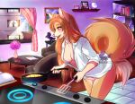  1girl anthro breasts canine cleavage clothed clothing cooking dog duo hair human long_hair male mammal sdark391 skimpy solo_focus stove 