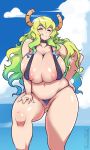 1girl ;q aqua_hair areola areola_slip belly big_breasts bikini black_bikini blonde_hair blush breasts choker cleavage cowboy_shot curvy dragon_girl dragon_horns erect_nipples female_only g-string gradient_hair green_eyes green_hair hand_on_hip hand_on_thigh high_res horns huge_breasts kobayashi-san_chi_no_maidragon large_areolae live_for_the_funk long_hair looking_at_viewer massive_breasts micro_bikini miss_kobayashi&#039;s_dragon_maid multicolored_hair naughty_face navel one_eye_closed panties partially_visible_vulva plump puffy_nipples quetzalcoatl_(dragon_maid) skindentation sling_bikini smile solo_female standing swimsuit thick_thighs thighs thong tongue tongue_out underwear wide_hips