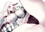  1girl big_breasts blush breasts cameltoe clothing hair harbour_princess horn humanoid hybrid inayama kantai_collection low-angle_view machine monster nipple_bulge pale_skin pink_eyes seaport_hime simple_background spread_legs spreading tight_clothing underwear white_hair 