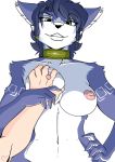  1girl 2017 alpha_channel anthro areola big_breasts black_nose blue_fur breast_grab breasts canine collar duo fox fur furry green_eyes hand_on_breast hand_on_hip human human_male_on_female_anthro human_on_anthro interspecies krystal looking_at_viewer low-angle_view mammal navel nintendo nipples nude pink_nipples solo_focus star_fox tattoo teeth video_games white_fur yawg 